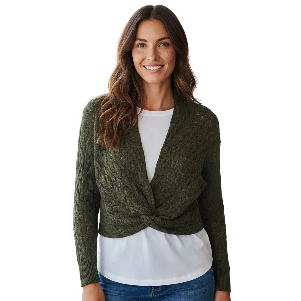 ASTR the label olive green twist front cropped sweater size medium